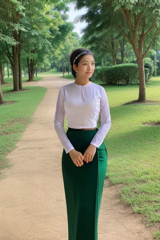 A school teacher is 60years old.Tall, thin, big hips, big breasts, blonde hair, small lips, blue eyes, attractive, 64K.Top=white Burmese blouse,With long sleeves,Buttoned at the side.Bottom=(Dark green) long skirt.
Footwear=female Burmese sandals,The hair is knotted bun.European.Nun Headpiece.
