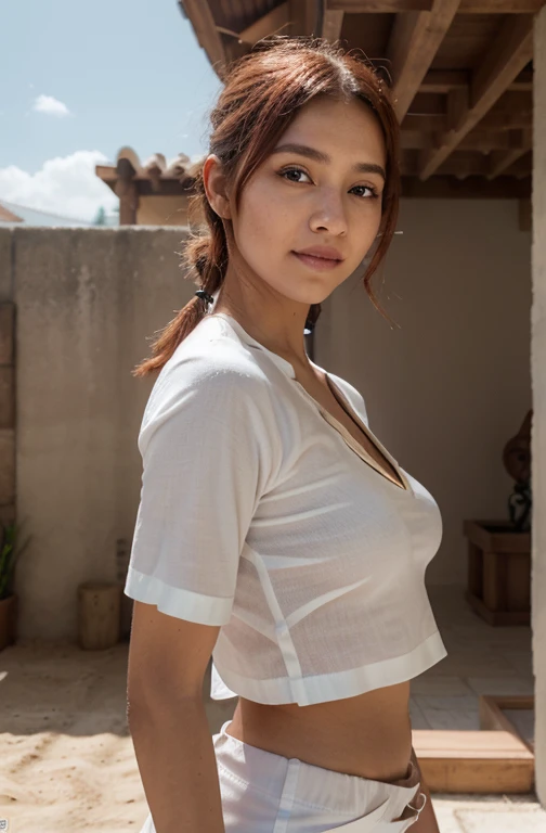 1 chica, estilo wano, sonriente, Pelirrojo, cuernos blancos, mirando al espectador, solo, provenir, ((obra de arte)), (mejor calidad), (extremadamente detallado), Profundidad de campo, describir, sombras escuras intensas, Sharp focus, soft lighting, hdr, vistoso, buena composicion, fuego alrededor, Asombroso, camisa blanca, captura de tela de anime, ojos azules
