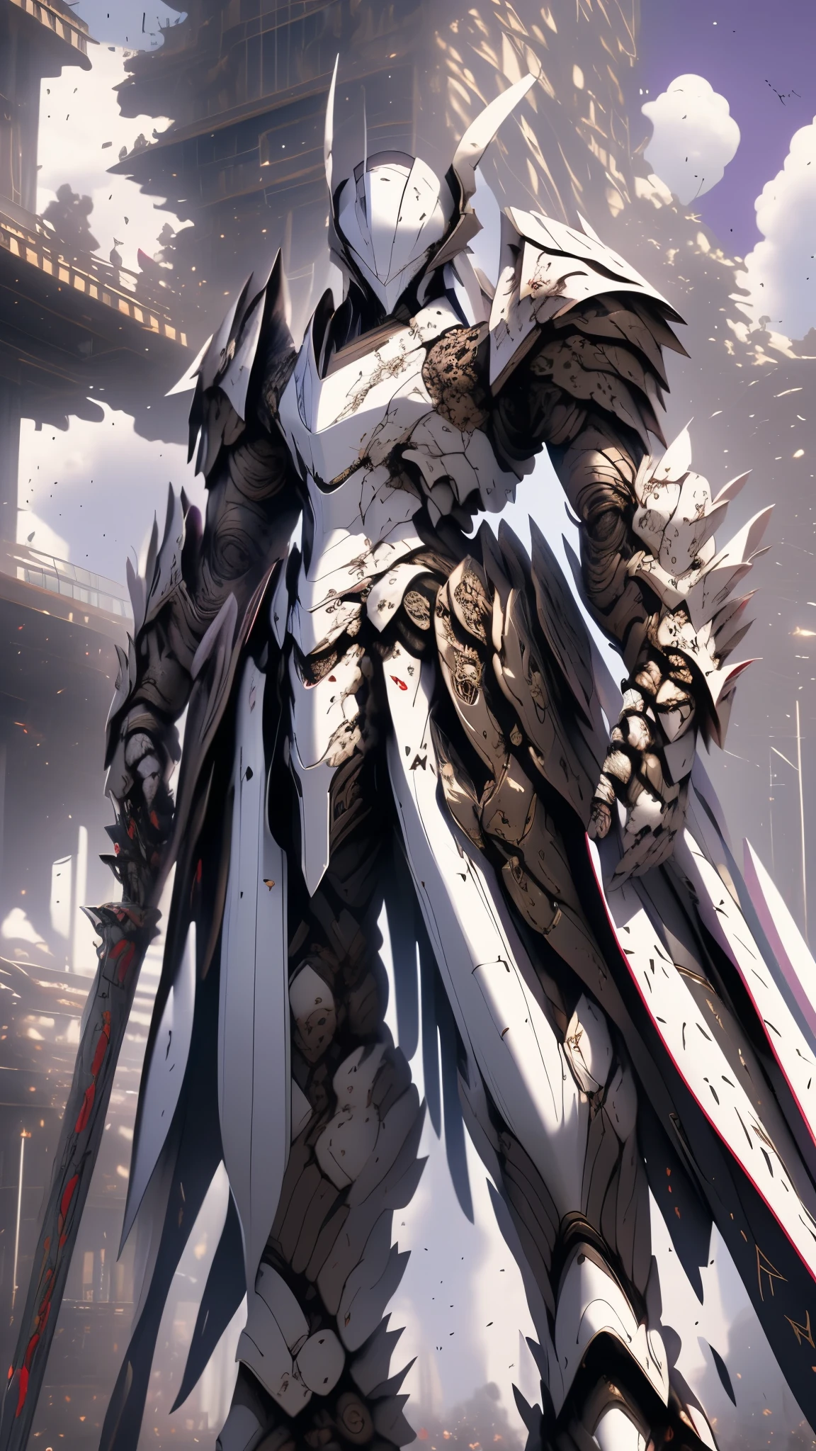 Enorme palacio imperial chino，Cuadrado ancho，la noche，La Luna、De pie, A handsome man in purple armor，Dark purple armor，Dragon Helmet，Espada negra en mano，Espada Negra