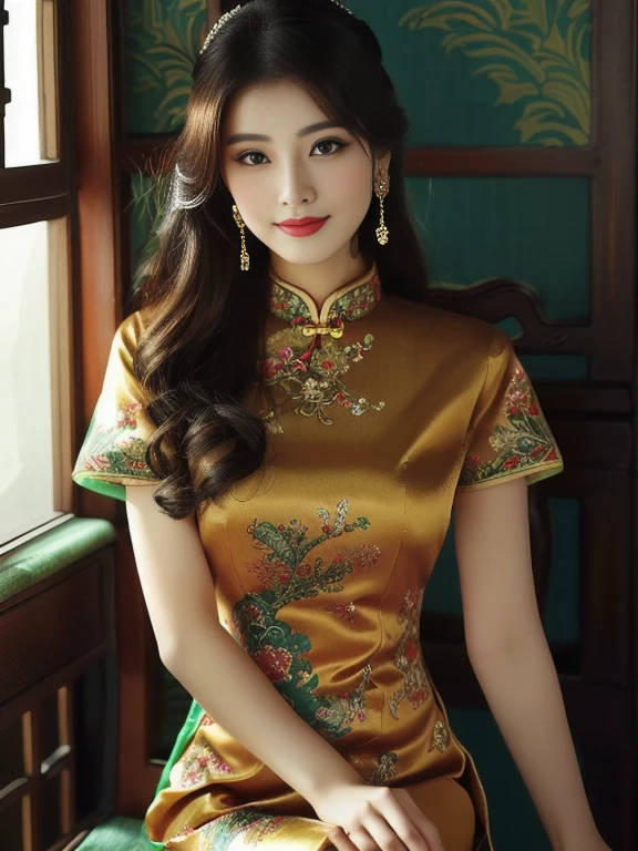 Aarav woman in dark green dress, Good quality, expensive silk,) sitting on a chair, Cheongsam, Chinese dress, traditional chinese, Chinese style, traditional chinese clothing, Chinese woman, Chinese girl, Chinese dress, Wear beautiful clothes., with ancient Chinese aesthetics, with ancient Chinese clothes, Detailed dress and facial features, Wear a luxurious silk dress., elegant japanese woman, Wear gorgeous clothes., traditional beauty