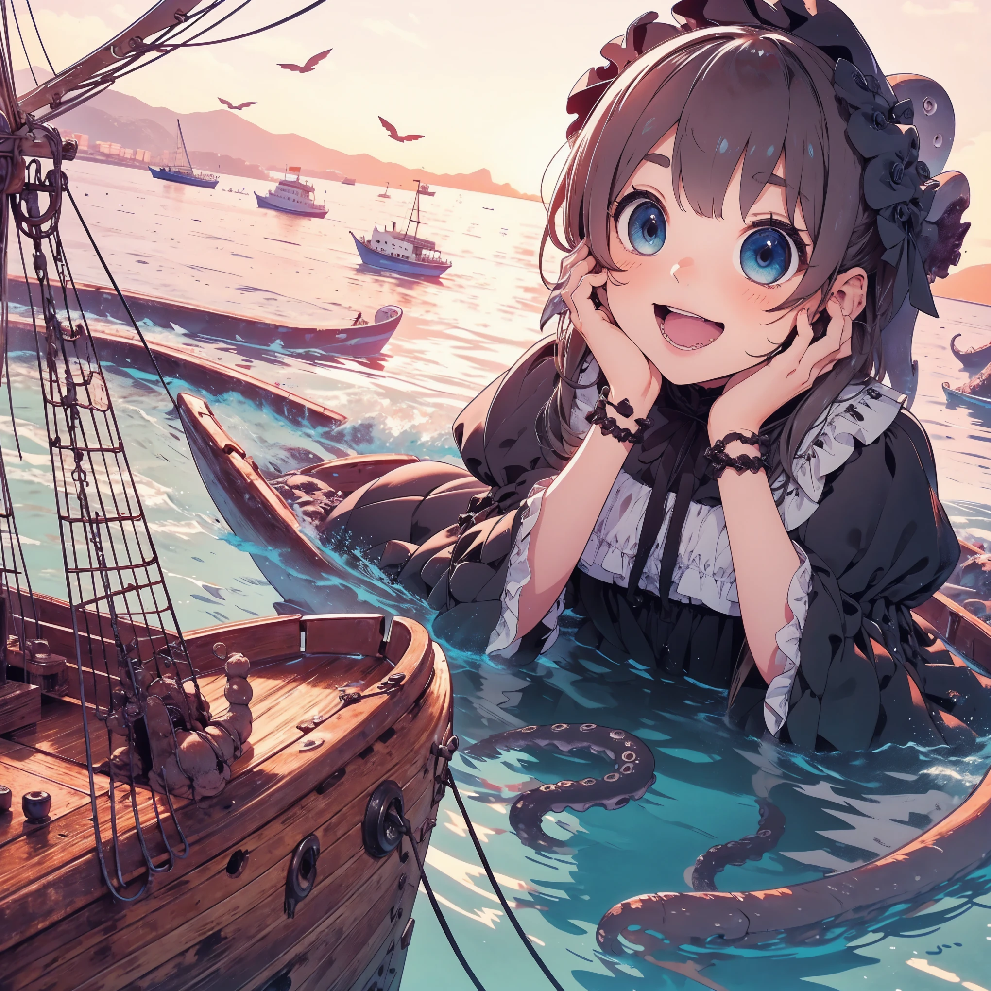 Giant girl leaning out of the sea. She wears a gothic dress. dress with ruffles. Innocent laughter.  Grab and sink the ship. Wooden boat. Tentacles extending from the sea. View from the ship.