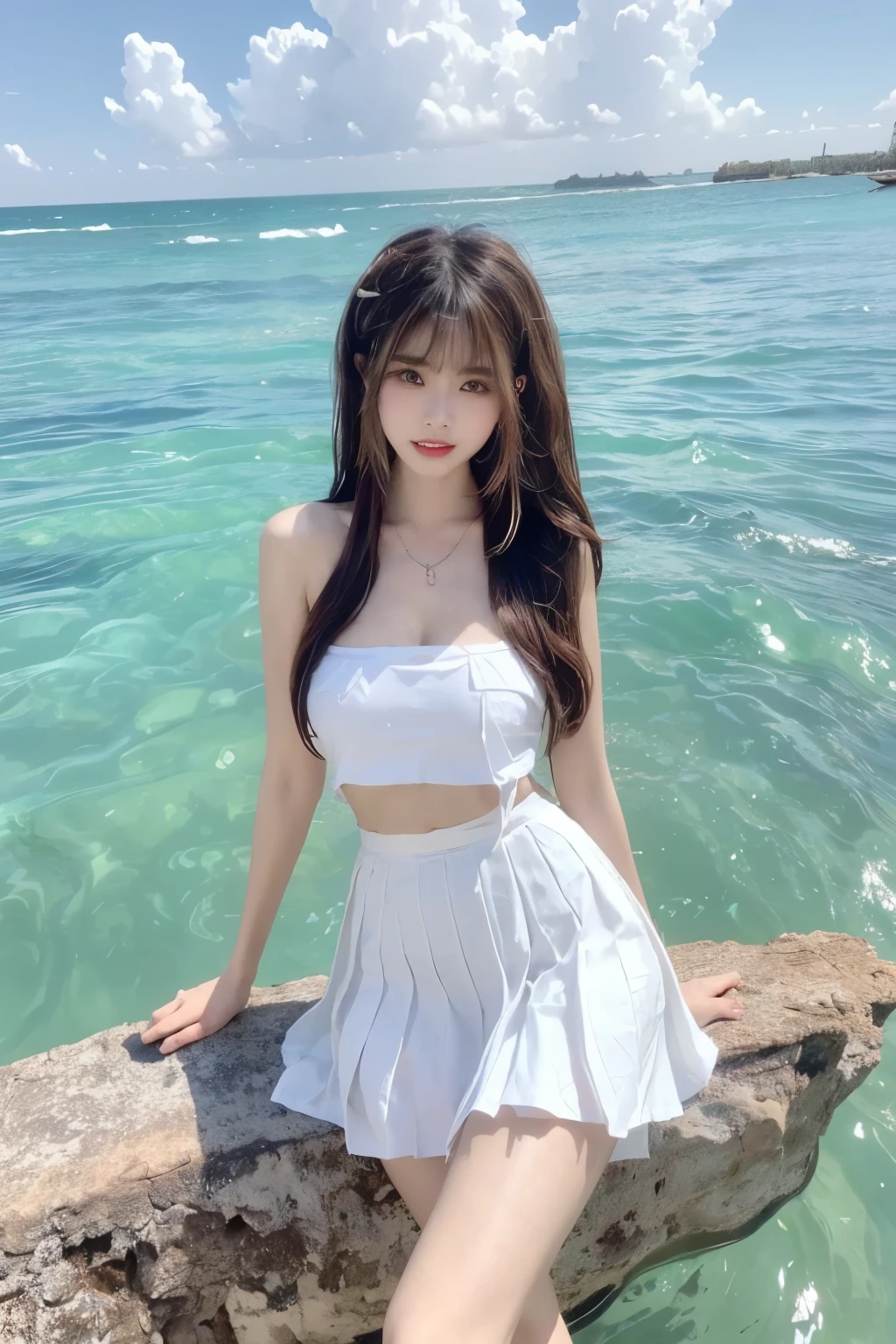 glowing, Beauty, beautiful女人,Have a perfect body:1.4,Layered Hairstyle,((Large Breasts)), ((D cup)), Visible cleavage,Bare shoulders, Highly detailed face and skin texture,Double eyelids,Skin Whitening,Long hair,Whitening long legs,Standing by the sea, Fashion Girl, Red lips, Sweet Girl, beautiful妆容, detail, lifelike, Very detailed, Astonishing, beautiful, Young and energetic, high quality,HD, Colorful,Beautifully, Smooth skin, The skirt is very short, Lifting the skirt with hands, Elegant and charming gesture, Official Art, Extremely detailed, Movie atmosphere, Soft colors, Natural skin texture,