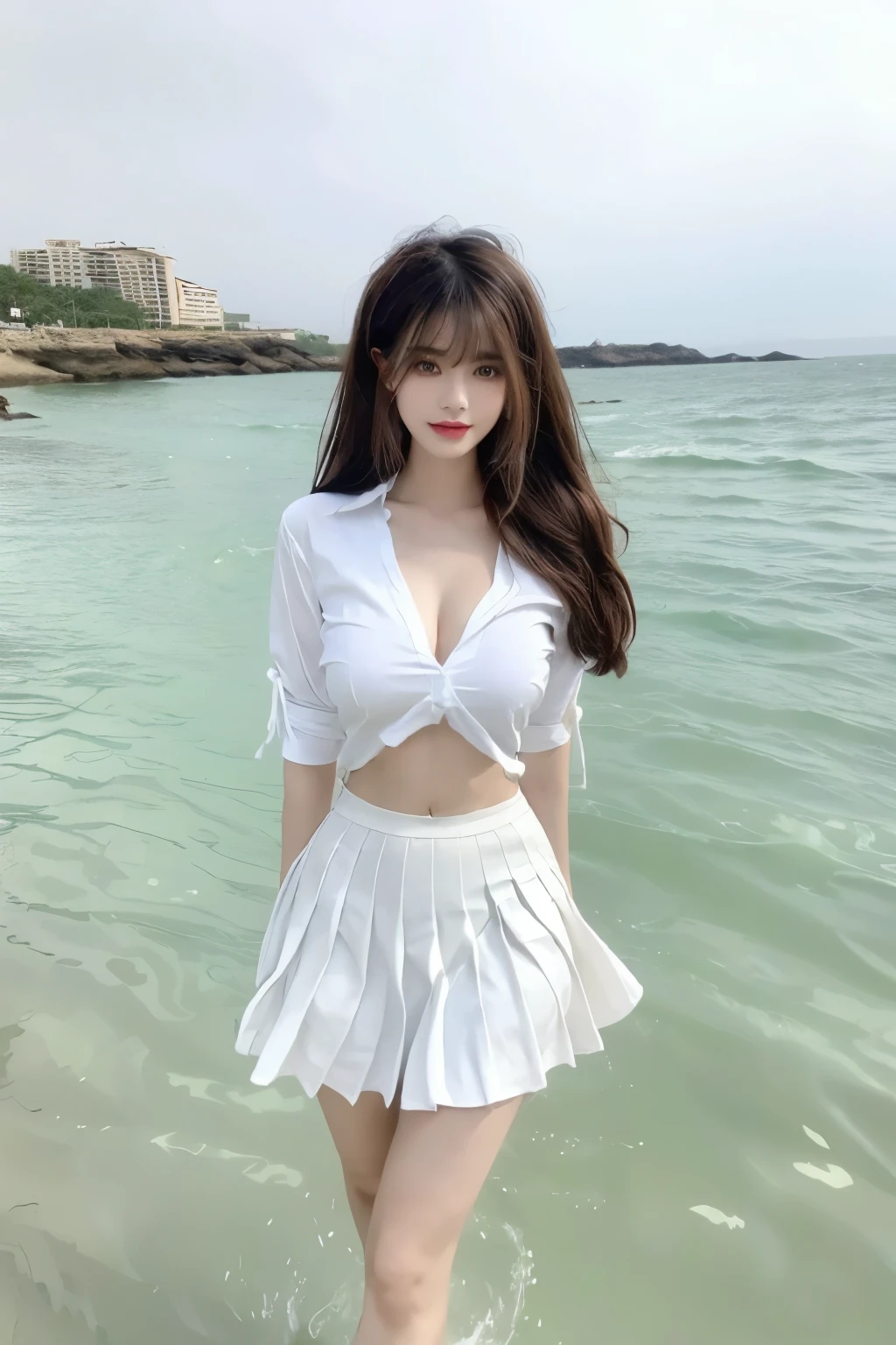 Beautiful woman with perfect body：1.4，Layered Hairstyle，Prominent cleavage，Highly detailed face and skin textures，Double eyelids，Skin Whitening，Long hair，Whitened long legs，（White shirt，Pleated Skirt）Standing by the sea