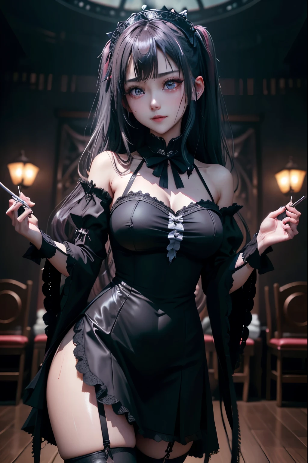 ハードDark Gothicメイク、Deep Night Sky、Horror、Black dark eyeshadow、cry、sad、Good skin radiance、Dark Gothicメイク、Dark smile、palace、The beauty of fragrance、24-years-old、Expressions of intense sexual pleasure、Embarrassed look、Dark Gothic、Obscene language、highest quality、Drunk face、紫のMaid clothes、Mysterious、Noble、sexy、Loving smile、Twin tail hair、Right blue eye, Left eye is red、Platform Heel Shoes、Heavy makeup、Gothic Lolita Clothing、A little slimmer、Silver Hair、Long Hair Straight Hair、Cute Gothic Lolita Dress、Beautiful Face、elegant features、Fascinating face、Stained glassが背景、Chest glistening with sweat、The room is dark、gothic long dress、Bell Sleeves、Wizard Sleeve、Decadent look、Sexually excited expression、Glossy thighs wet with water、Thighs that are wet and shiny with oil、Background of a room full of roses、sad表情、The embroidery is pink、The dress has pink embroidery、Thigh-high socks、Knee-high socks、Gentle expression、Dark black eyeshadow、Stained glassと薔薇背景、Female Duo、Female couple、dark church background、Stained glass、Black metal world、Dark Castle、Dark Room、Slender body、gothic long dresaid clothes、Victorian dresses、Her thighs glisten with sweat、My body is wet and shiny、Lots of glitter on the thighs、sweating、My thighs are sticky from sweating、Sweat glistens on the thighs, The whole body is sweaty and shiny、Quite sweaty、My thighs are sweaty、My thighs are so wet、My thighs are shining with sweat、A lot of sweat glistens all over the body、The thighs are the best、Small breasts、Orchestra Stage、Dynamic Angle、Standing posture、Are standing、Play the violin、With a violin、