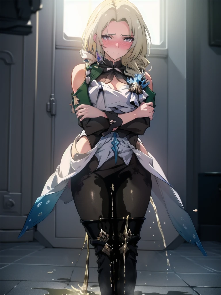 (highest quality:1.37), (masterpiece:1.37), HDR, physically-based rendering, bokeh, (cinematic lighting:1.37), CocoliaV5, standing. The artwork is inspired by manga and incorporates a doujin style. The woman appears to be (wetting herself:1.75), which causes her to feel embarrassed and humiliated, resulting in a blush on her face. In addition, there is an air of anger in her expression. The lighting in the scene is moody, with a spotlight highlighting the woman's figure, her arms are crossed (arms crossed:1.5), (crossing arms:1.5), pee stain, peeing stain on her (yoga pants)., large breasts, skinny