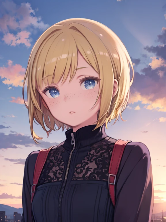 Beautiful teenage girl, Blonde Short Hair, Beautiful purple sky background, blue eyes, freckles、