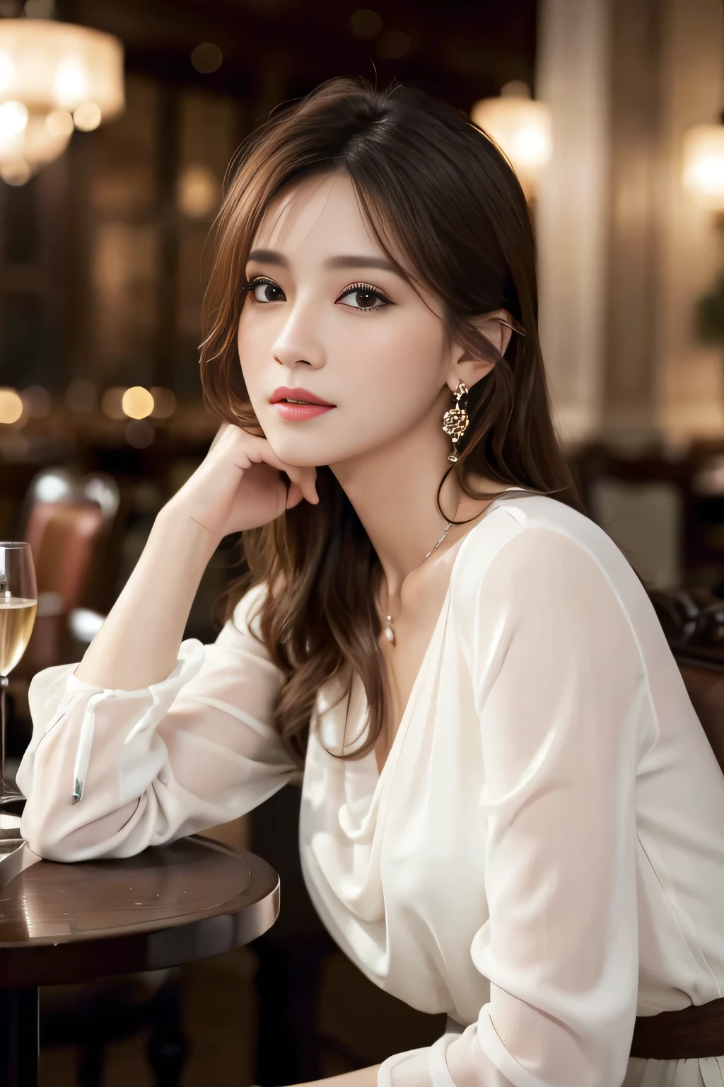 masterpiece, highest quality, Realistic, Very detailed, Finer details, High resolution, 8k wallpaper, One beautiful woman, Wear an elegant white see-through blouse, In a great restaurant, At night, Light brown messy hair, Perfect dynamic composition, Beautiful and beautiful eyes、Big earrings、Sitting in a chair、