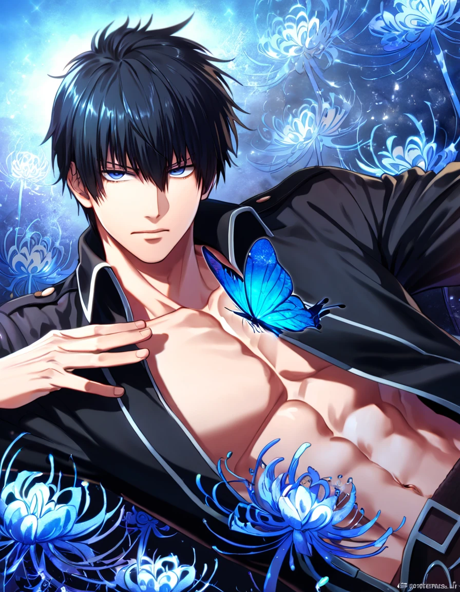 absurdres, highres, ultra detailed, HDR, master piece, best quality, Hijikata Toshiro, black hair, expressive dark blue eyes, Gintama, solo, sexy man, handsome, toned chest, black clothes, patterns, magical, fantasy, blue background, blue spider lilies, shining, blue petals, blue glittering butterflies, blue water