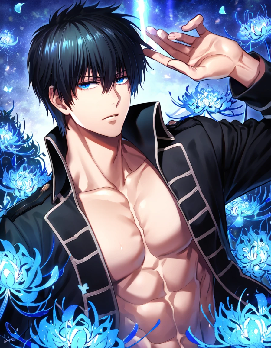 absurdres, highres, ultra detailed, HDR, master piece, best quality, Hijikata Toshiro, black hair, expressive dark blue eyes, Gintama, solo, sexy man, handsome, toned chest, black clothes, patterns, magical, fantasy, blue background, blue spider lilies, shining, blue petals, blue glittering butterflies, blue water