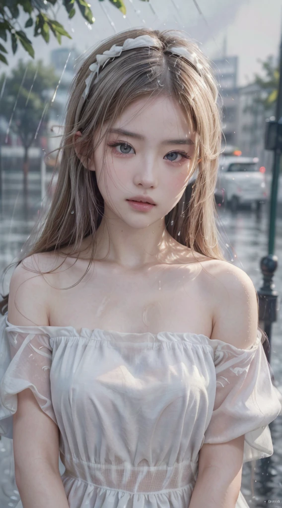 ((Best Quality, 8k, Masterpiece:1.3)), Focus:1.2, Perfect Body Beauty:1.4, (Rain, Street:1.3), Bandeau Dress:1.1, Highly detailed face and skin texture, Fine eyes, Double eyelids, Whitening skin, (Long yellow gold hair:0.5), (Shut up: 1.3),