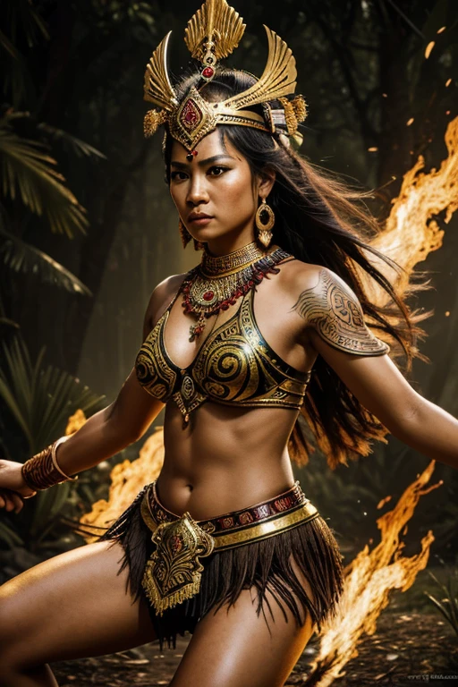 (best quality,4k,8k,highres,masterpiece:1.2),ultra-detailed,realistic,beautiful Indonesian woman warrior,expressive eyes,painted face,detailed warrior attire,intricate headdress,golden jewelry,dazzling sword,speaking power and strength,ancient traditions and culture,passionate and fearless fighter,commanding presence in the battlefield,mythical and mystical elements,rich colors of the Indonesian landscape,dramatic lighting,traditional Indonesian motifs,traditional weapons and armor,tribal markings on the body,graceful movements,warrior surrounded by lush tropical forest and exotic animals,embodying the spirit of the Indonesian warrior legends