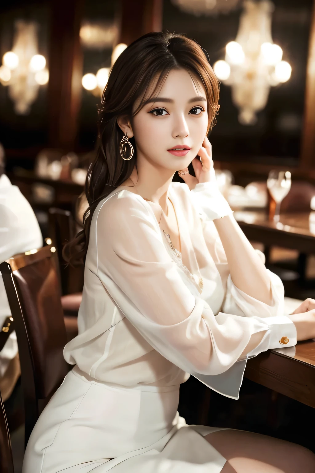 masterpiece, highest quality, Realistic, Very detailed, Finer details, High resolution, 8k wallpaper, One beautiful woman, Wear an elegant white see-through blouse, In a great restaurant, At night, Light brown messy hair, Perfect dynamic composition, Beautiful and beautiful eyes、Big earrings、Sitting in a chair、