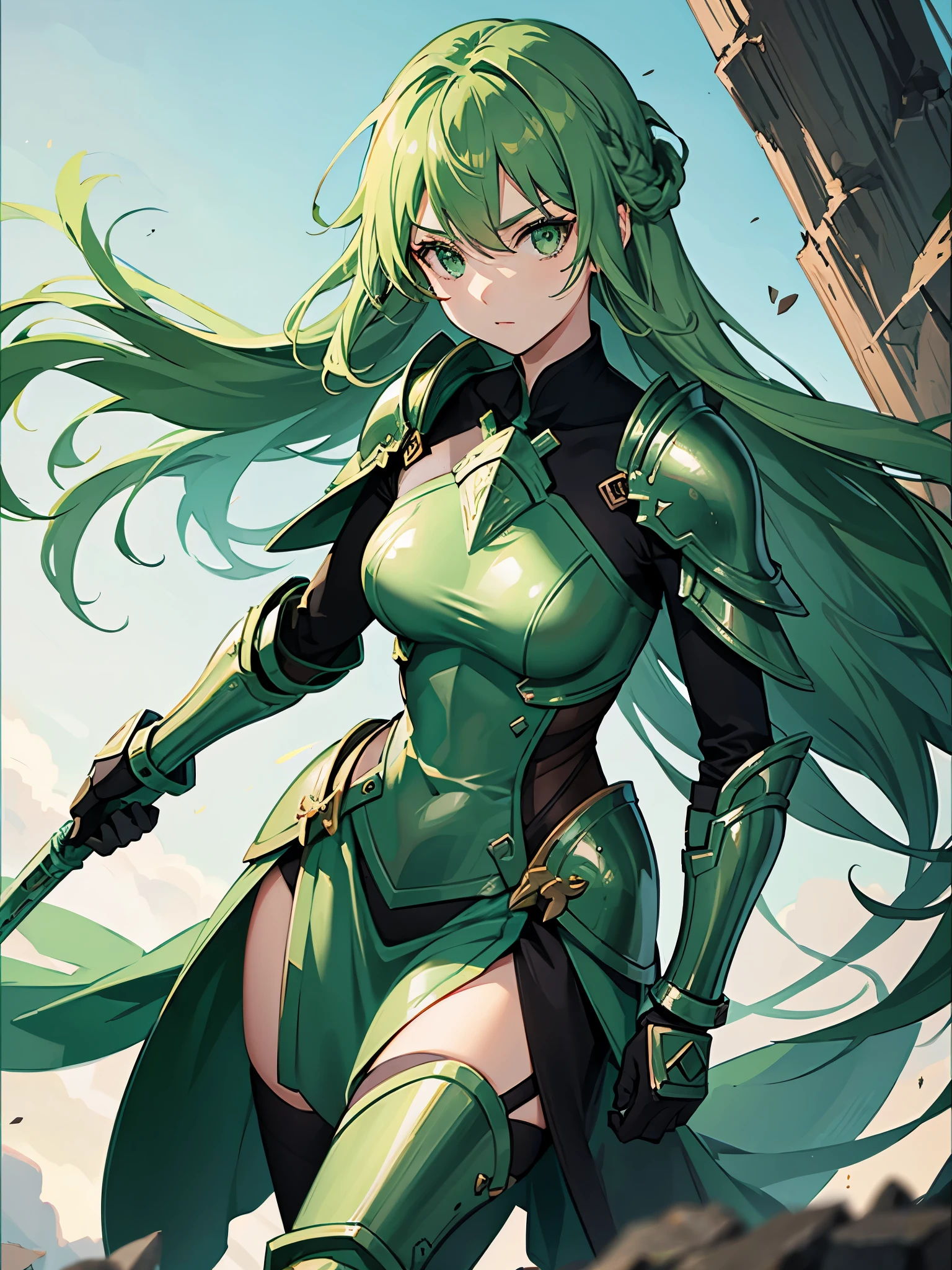 Beauty warrior girl, green eyes, green hair, full armour