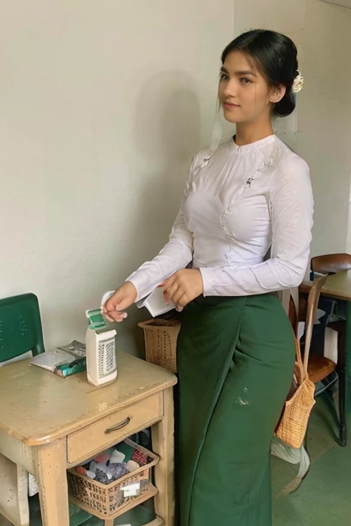 A school teacher is 30years old.Tall, thin, big hips, big breasts, black hair, small lips, brown eyes, attractive, 64K.Top=white Burmese blouse,With long sleeves,Buttoned at the side.Bottom=(Dark green) long skirt.
Footwear=female Burmese sandals,The hair is knotted bun.