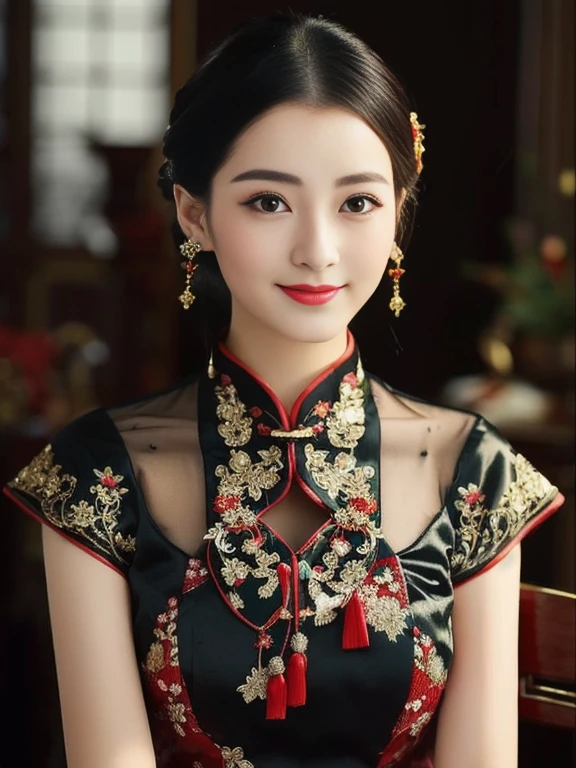 Aarav woman in red dress, Dark Green,  Good quality, expensive silk,) sitting on a chair, Cheongsam, Chinese dress, traditional chinese, Chinese style, traditional chinese clothing, Chinese woman, Chinese girl, Chinese dress, Wear beautiful clothes., with ancient Chinese aesthetics, with ancient Chinese clothes, Detailed dress and facial features, Wear a luxurious silk dress., elegant japanese woman, Wear gorgeous clothes., traditional beauty