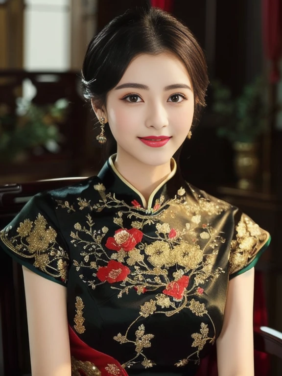 Aarav woman in red dress, Dark Green, Good quality, expensive silk,) sitting on a chair, Cheongsam, Chinese dress, traditional chinese, Chinese style, traditional chinese clothing, Chinese woman, Chinese girl, Chinese dress, Wear beautiful clothes., with ancient Chinese aesthetics, with ancient Chinese clothes, Detailed dress and facial features, Wear a luxurious silk dress., elegant japanese woman, Wear gorgeous clothes., traditional beauty