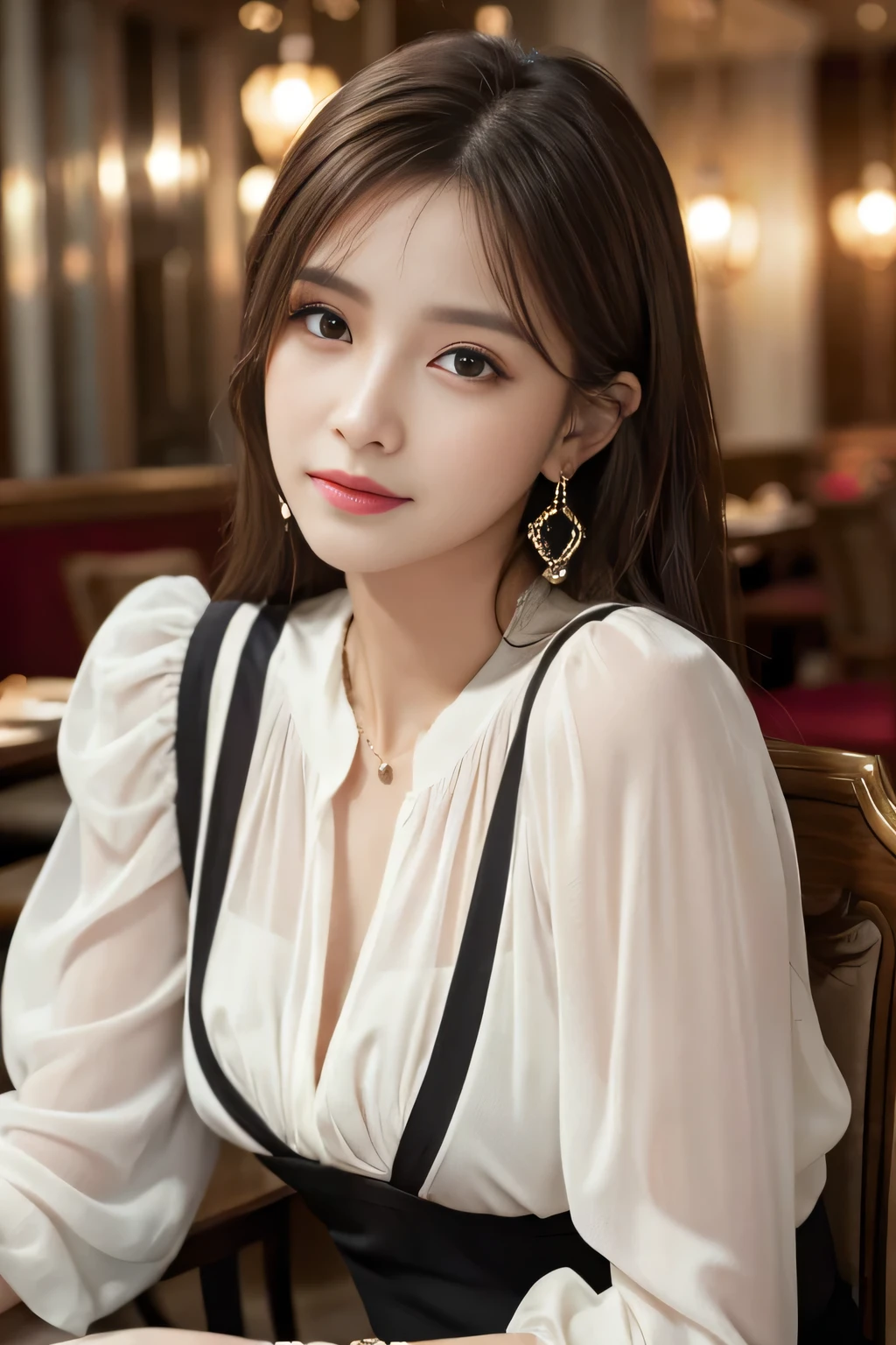 masterpiece, highest quality, Realistic, Very detailed, Finer details, High resolution, 8k wallpaper, One beautiful woman, Wear an elegant white see-through blouse, In a great restaurant, At night, Light brown messy hair, Perfect dynamic composition, Beautiful and beautiful eyes、Big earrings、Sitting in a chair、