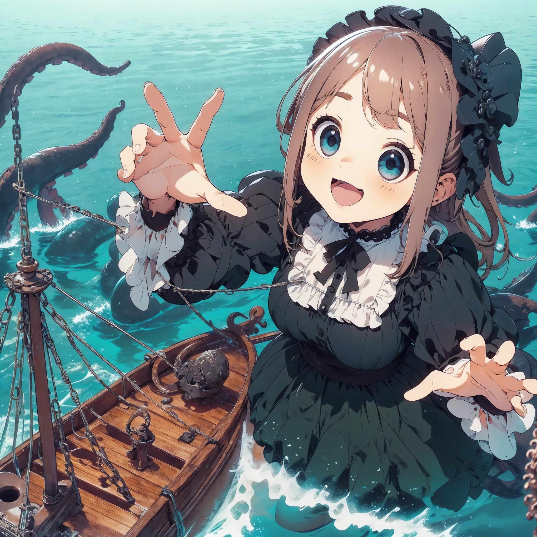 Giant girl leaning out of the sea. She wears a gothic dress. dress with ruffles. Innocent laughter.  Grab and sink the ship. Wooden boat. Tentacles extending from the sea. View from the ship.