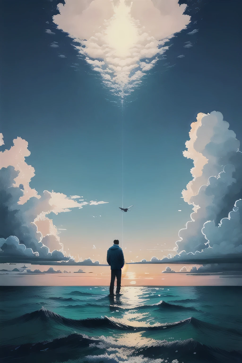 Man standing on the water,Look up from the ground,Look up,The sky is dumping,The sky is the ocean,There are ducks floating in the sky,The water of the sky hangs from the edge of heaven and earth,illustration,It's more real