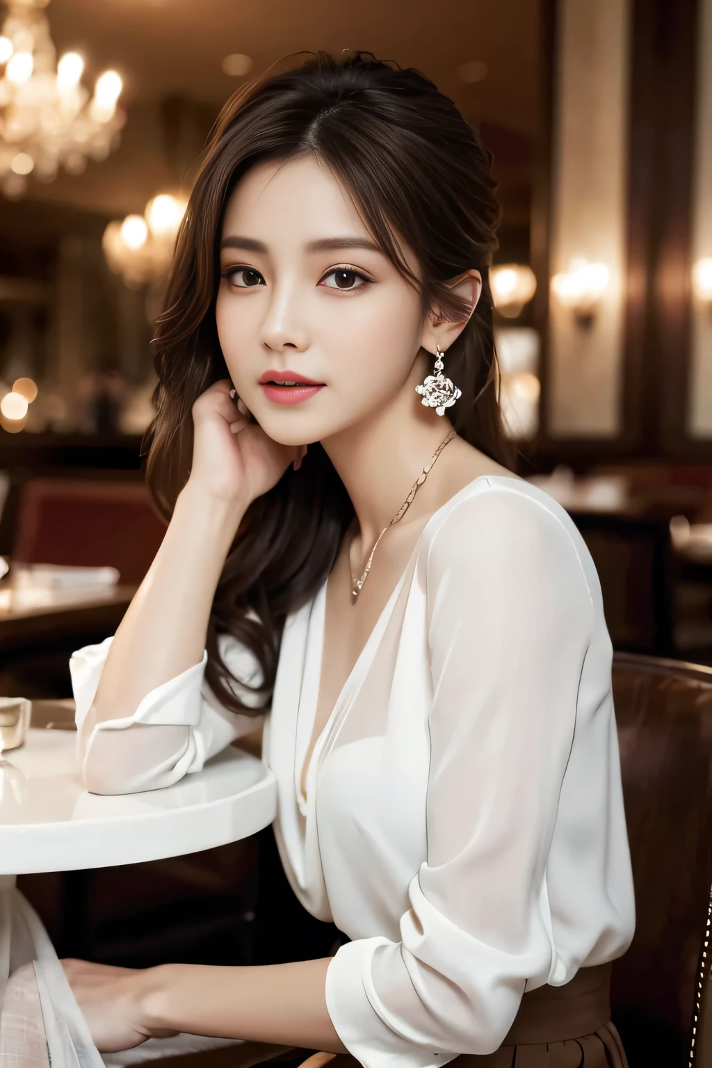 masterpiece, highest quality, Realistic, Very detailed, Finer details, High resolution, 8k wallpaper, One beautiful woman, Wear an elegant white see-through blouse, In a great restaurant, At night, Light brown messy hair, Perfect dynamic composition, Beautiful and beautiful eyes、Big earrings、Sitting in a chair、