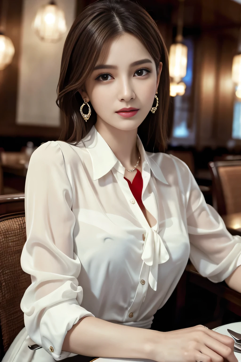 masterpiece, highest quality, Realistic, Very detailed, Finer details, High resolution, 8k wallpaper, One beautiful woman, Wear an elegant white see-through blouse, In a great restaurant, At night, Light brown messy hair, Perfect dynamic composition, Beautiful and beautiful eyes、Big earrings、Sitting in a chair、