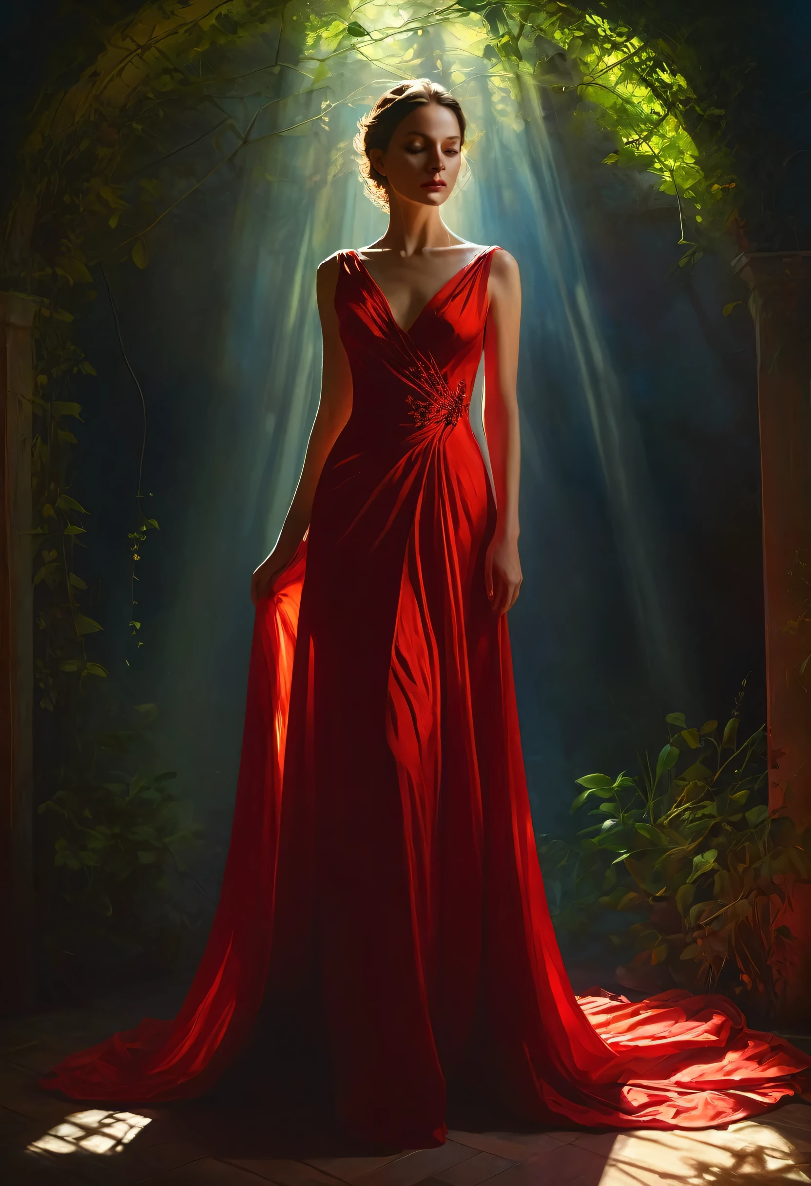 Painterly, shadow play, a gorgeous woman, slender body covered red dress, rim light, mysterious atmosphere, dreamy, detailed, hybrid art, oil painting, Zbrush, impast, realistic cinematic details, ultra realistic, queen of nature
