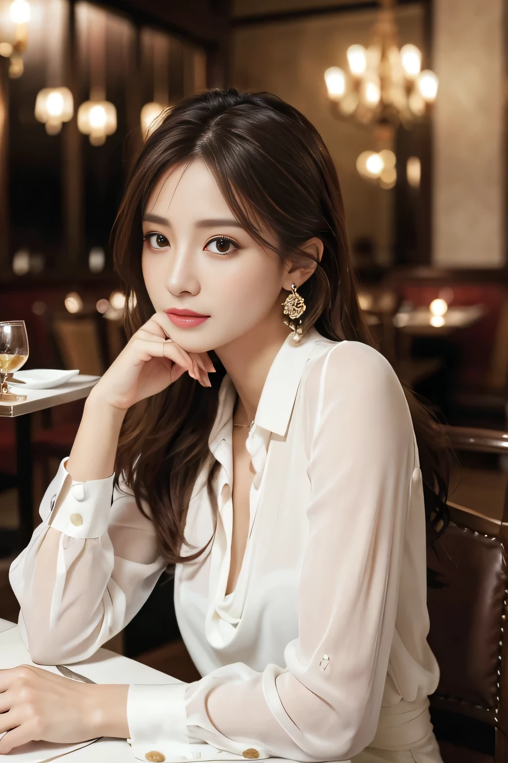 masterpiece, highest quality, Realistic, Very detailed, Finer details, High resolution, 8k wallpaper, One beautiful woman, Wear an elegant white see-through blouse, In a great restaurant, At night, Light brown messy hair, Perfect dynamic composition, Beautiful and beautiful eyes、Big earrings、Sitting in a chair、