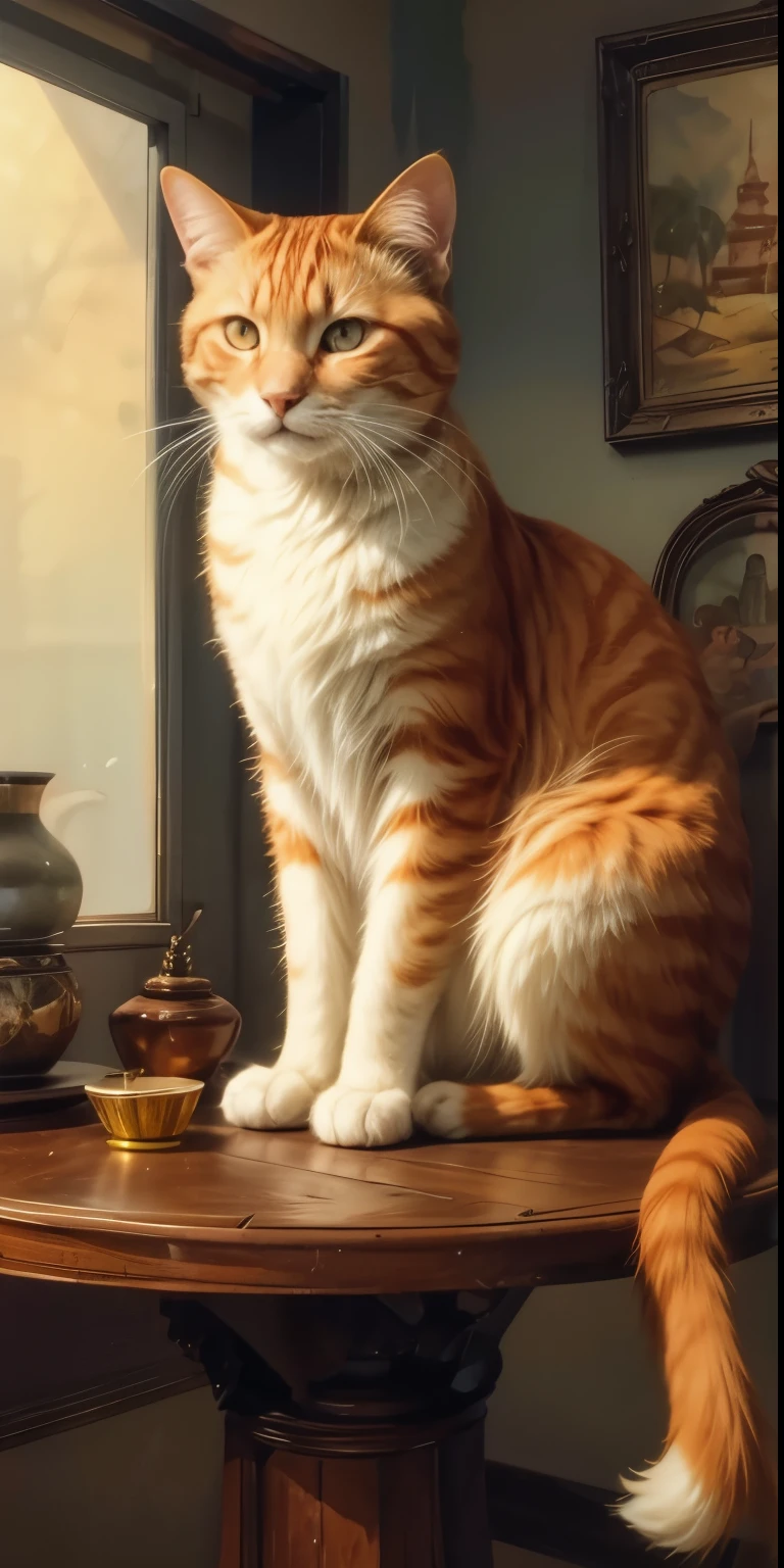 The orange cat, amber eyes, sitting still on an antique wooden round table Thai style, his expression was curious, The walls were simple oil paints, the tone was dark, and the light catching the cat made it stand out. Watercolor art with detailed brush strokes, highlighted, dark palette, high resolution and contrast, high colour contrast, intricately textured and detailed, deep focus, depth of field, ultra quality, ink art, Pomological Watercolor,