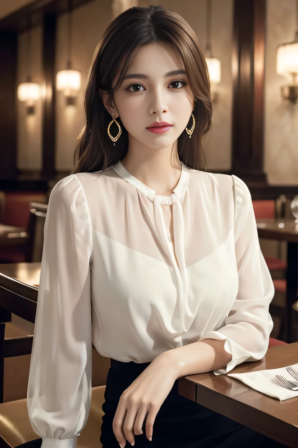 masterpiece, highest quality, Realistic, Very detailed, Finer details, High resolution, 8k wallpaper, One beautiful woman, Wear an elegant white see-through blouse, In a great restaurant, At night, Light brown messy hair, Perfect dynamic composition, Beautiful and beautiful eyes、Big earrings、Sitting in a chair、