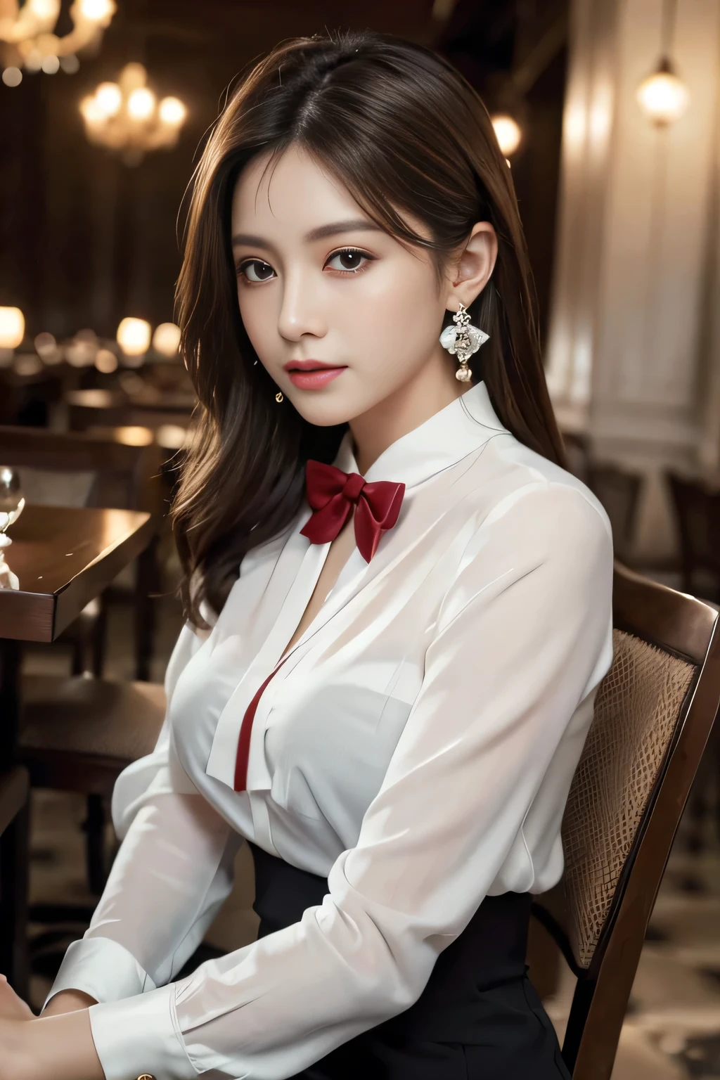 masterpiece, highest quality, Realistic, Very detailed, Finer details, High resolution, 8k wallpaper, One beautiful woman, Wear an elegant white see-through blouse, In a great restaurant, At night, Light brown messy hair, Perfect dynamic composition, Beautiful and beautiful eyes、Big earrings、Sitting in a chair、