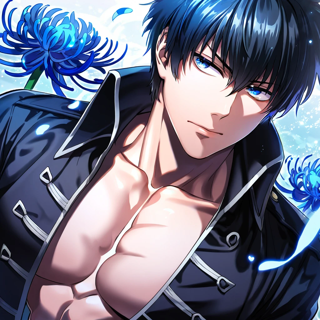 absurdres, highres, ultra detailed, HDR, master piece, best quality, delicated features, Hijikata Toshiro, black hair, expressive dark blue eyes, Gintama, solo, sexy man, handsome, toned chest, black clothes, patterns, magical, fantasy, blue background, blue spider lilies, shining, blue petals, blue glittering butterflies, blue water