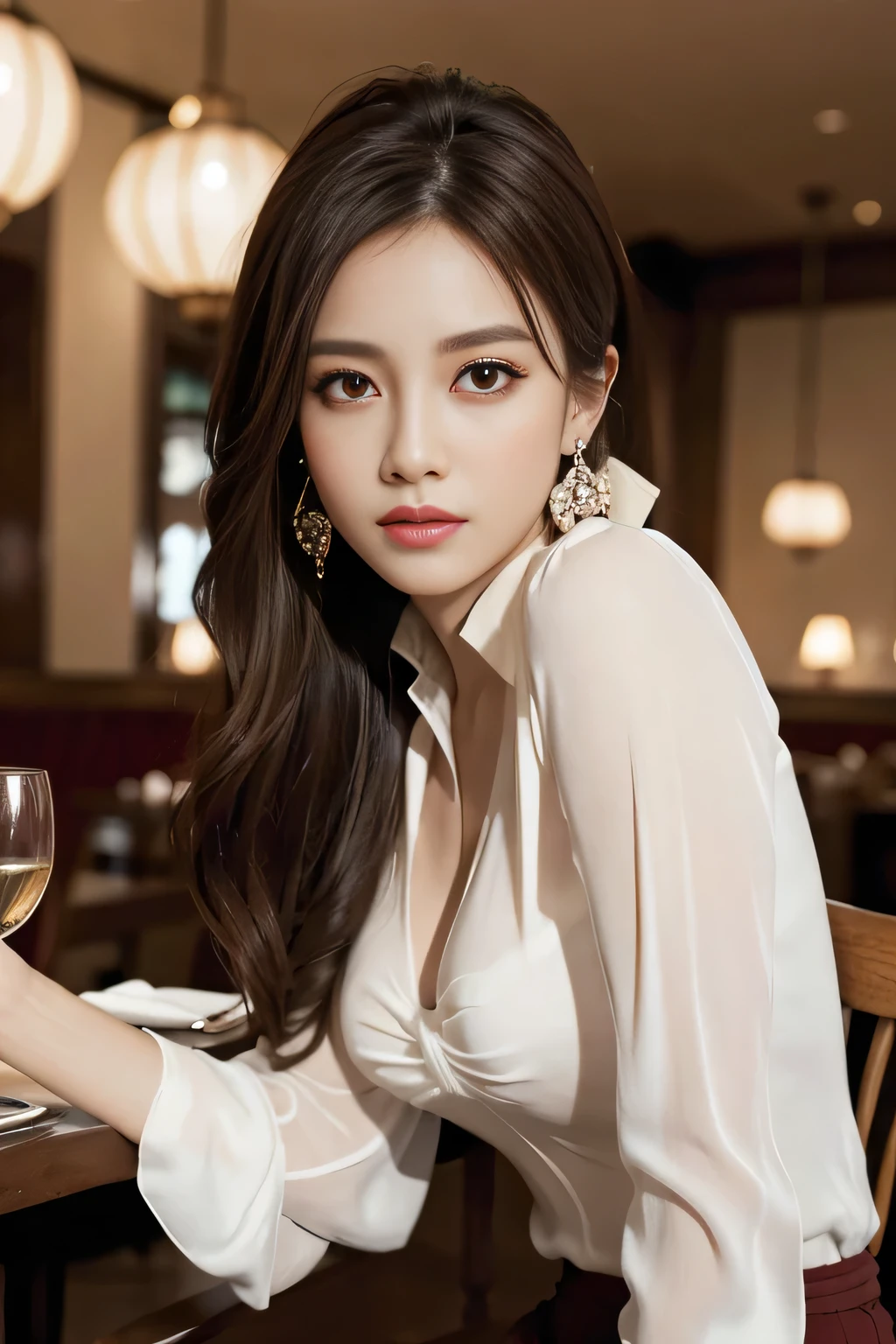 masterpiece, highest quality, Realistic, Very detailed, Finer details, High resolution, 8k wallpaper, One beautiful woman, Wear an elegant white see-through blouse, In a great restaurant, At night, Light brown messy hair, Perfect dynamic composition, Beautiful and beautiful eyes、Big earrings、Sitting in a chair、
