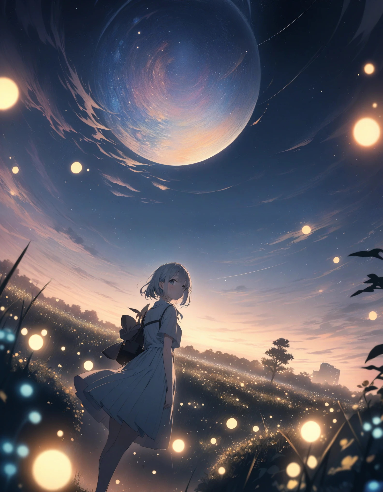 ((style:Colored pencil,pale colour)),(anime)、(masterpiece:1.2),atmospheric perspective,lens flare, f/2.8, 135mm、One Girl, Wide viewing angles, Firefly Garden, There are lots of little faint lights and fireflies flying around, night