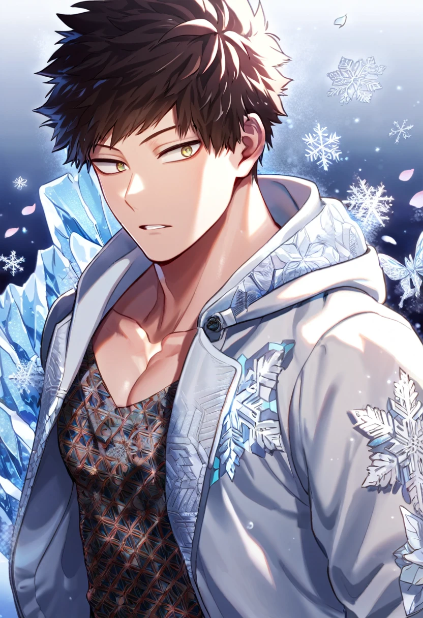 Ultra detailed, Highres, absurdres, HDR, Chisaki Kai, Overhaul, dark brown hair, short hair, expressive golden eyes, white coat with patterns with a hoddie, Boku No Hero Academia, white flowers, winter, ice, snowflakes, petals, handsome, sexy man, solo, very detailed eyes and face, ice butterflies, master piece, toned chest, glittering, fantasy,