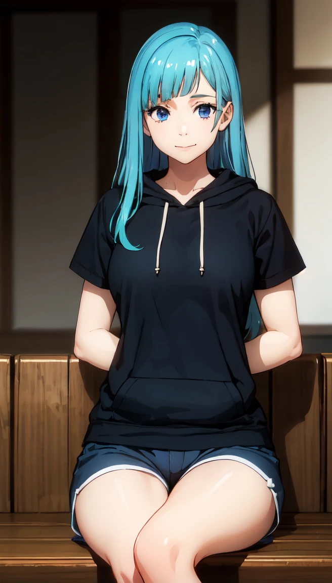 photorealistic, (4k), depth of field, (Masterpiece), (realistic skin texture), extremely detailed, intricate, hyper detailed, professional photography, bokeh, high resolution, sharp detail, best quality, girl, long hair, aqua hair, blunt bangs, blue eyes, dynamic pose, black baggy graphic hoodie, dolfine shorts, booty shorts, beautiful thighs, indoors, (facing viewer), looking at viewers, large breasts,kasumi, miwa, kasumi miwa,, mouth slightly open, smiling, hourglass shape, black hoodie, 3\4 body shot, sitting cross legged on couch, legs crossed, hands in lap, hands in between thighs