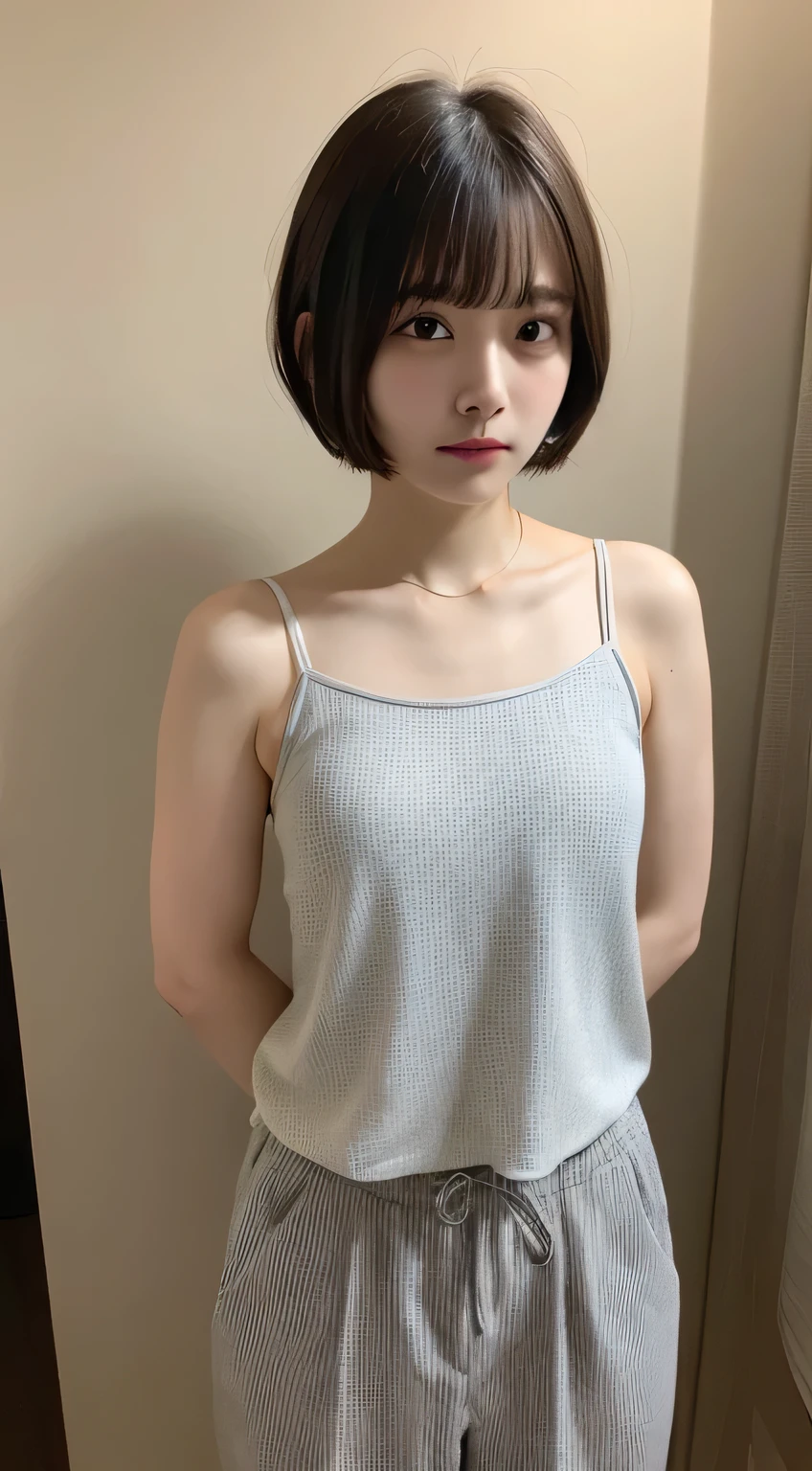 camisole、I can see your pants、Dimly lit room、bed、Embarrassed face、Short hair with bangs