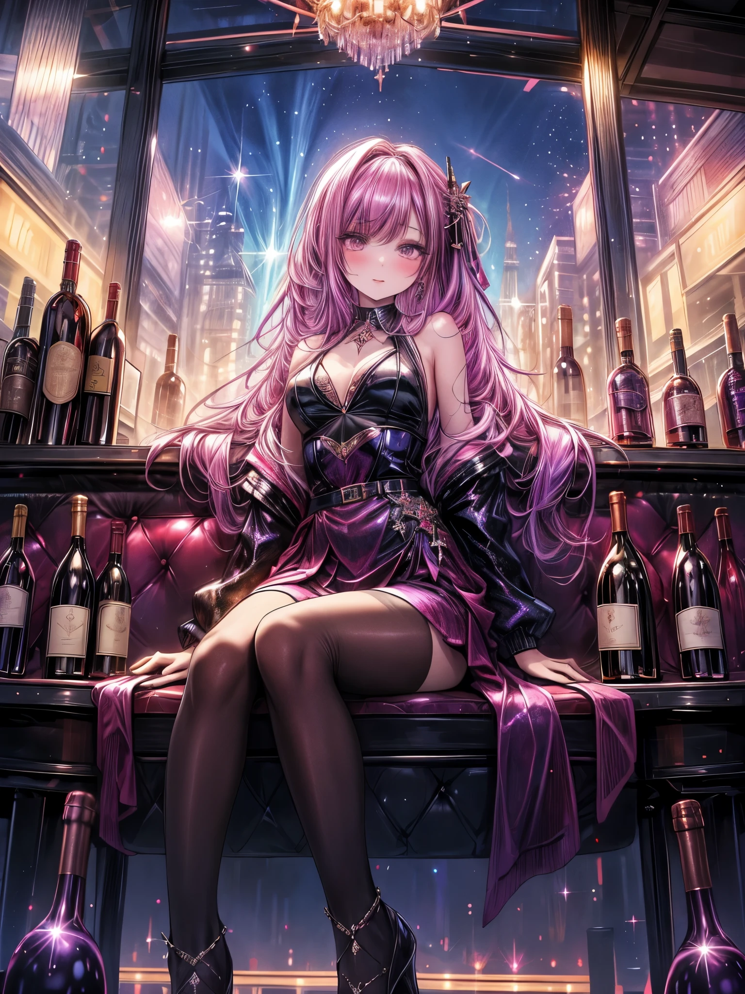 masterpiece, best quality, 1girl, Colorful sparkle surrounds the body, bar, wine, long view, fantasy, sky, nightclub, wide shot,  