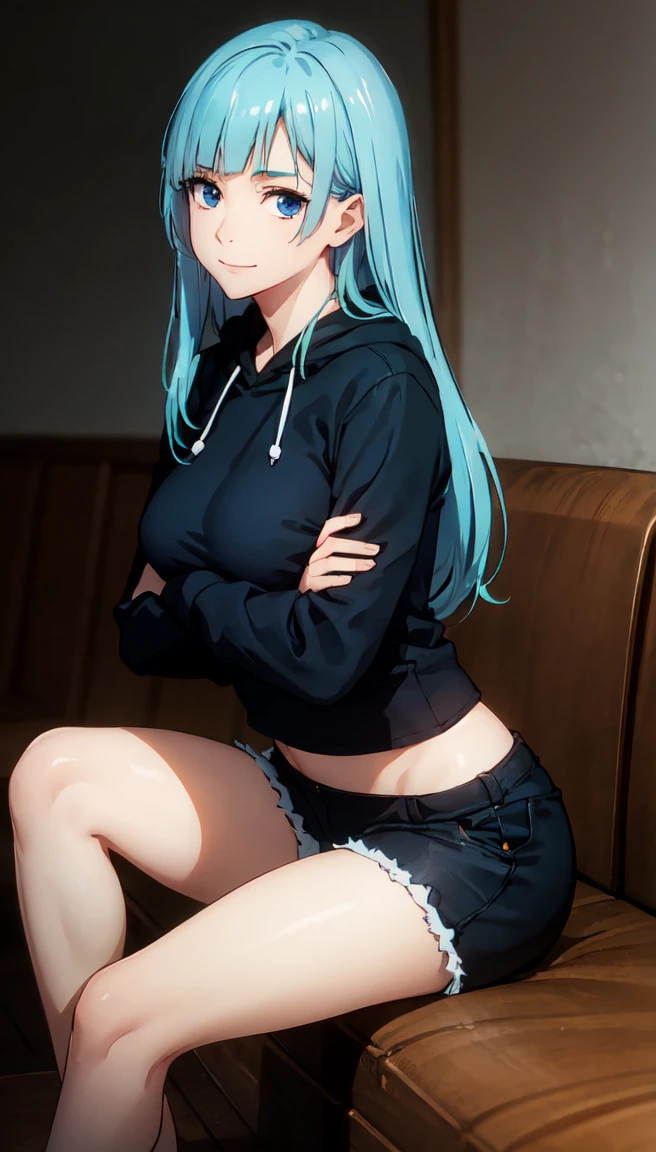 photorealistic, (4k), depth of field, (Masterpiece), (realistic skin texture), extremely detailed, intricate, hyper detailed, professional photography, bokeh, high resolution, sharp detail, best quality, girl, long hair, aqua hair, blunt bangs, blue eyes, dynamic pose, black baggy graphic hoodie, dolfine shorts, booty shorts, beautiful thighs, indoors, (facing viewer), looking at viewers, large breasts,kasumi, miwa, kasumi miwa,, mouth slightly open, smiling, hourglass shape, black hoodie, 3\4 body shot, sitting cross legged on couch, legs crossed, hands in lap, hands in between thighs, long sleeve, leaning forward