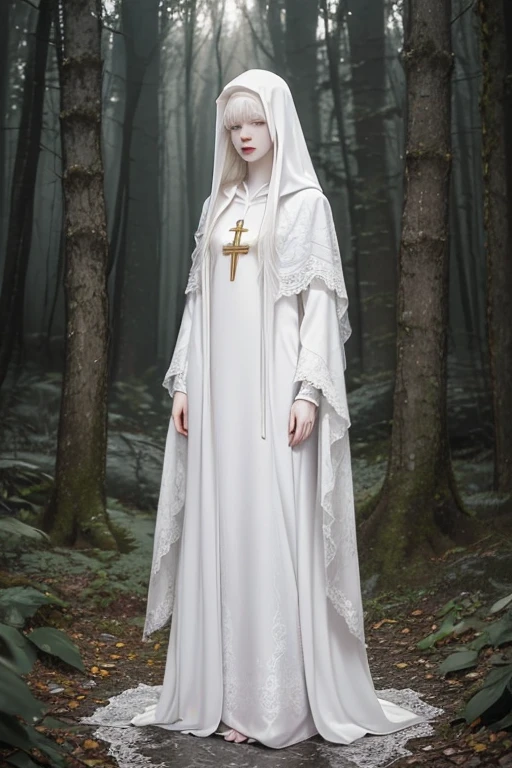 (full body:1.4),Cute 18 yo (albino:1.4)woman of Slavic descent.(short:1.1), long white hair, gray eyes, ((very pale:1.4)). Innocent look. Gentle spirit.(virgin), Hooded cloak, sheer lace gown, long sleeves, gold cross necklace.(joy),(love), Mystical forest.