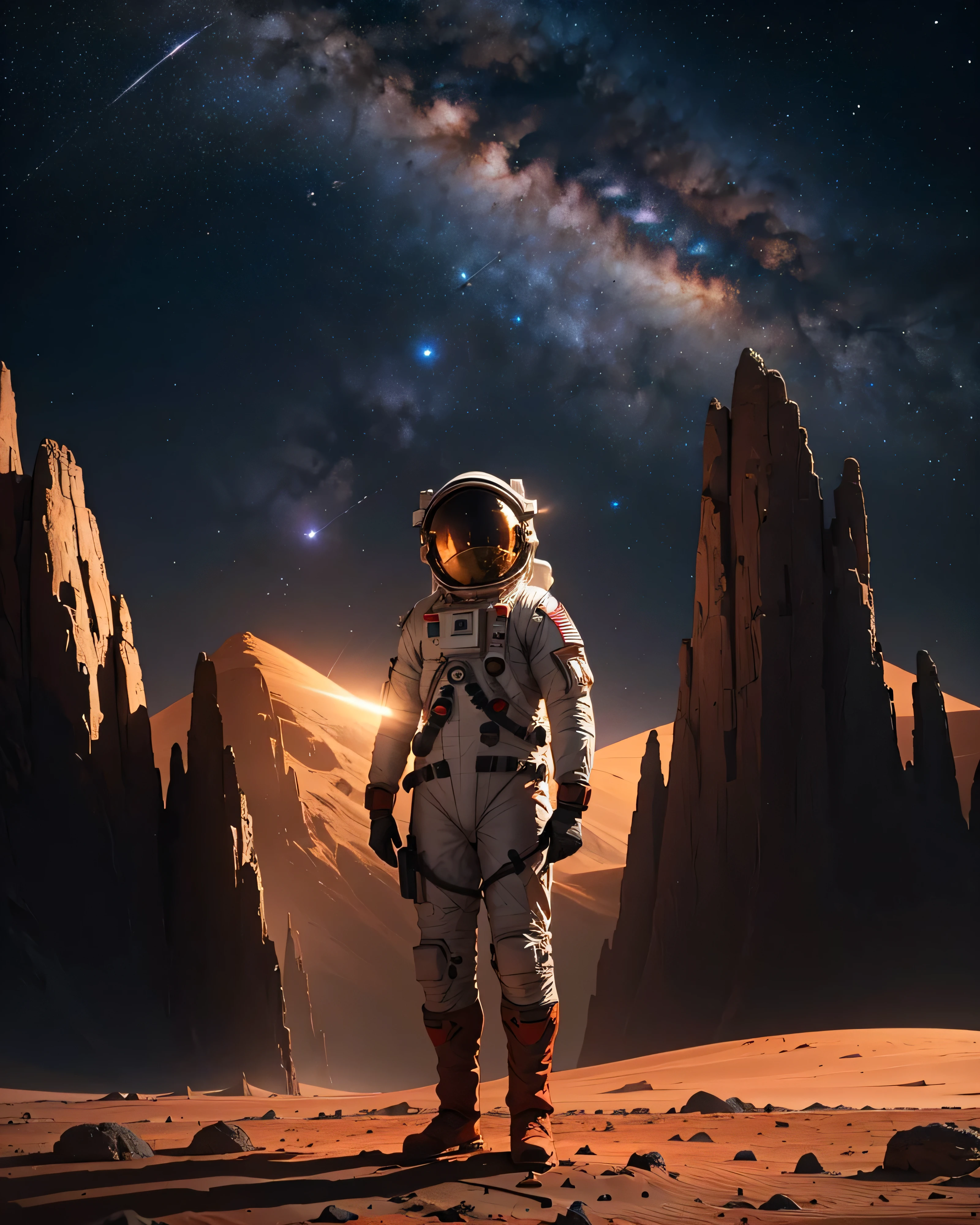 Create an illustration of an astronaut standing on the surface of Mars. The astronaut should be positioned in the foreground, standing upright and occupying approximately 1/5 of the viewer's screen. The spacesuit should be detailed, with a reflective helmet visor that subtly mirrors the surrounding Martian landscape. The scene should be set at night, with the sky illuminated by a myriad of stars, creating a beautiful and mesmerizing celestial display. A few distant planets and the Milky Way could be visible to add to the grandeur of the night sky. The Martian surface should feature a detailed landscape with rocky terrain, dust, and an array of stones and boulders, emphasizing the rugged environment of Mars. The background should include towering Martian mountains that add depth and scale to the scene, silhouetted against the starry sky. Ensure the composition balances the foreground and background elements harmoniously. Pay attention to details such as shadows and highlights to give a sense of realism and depth, capturing the serene yet awe-inspiring atmosphere of a Martian night.
