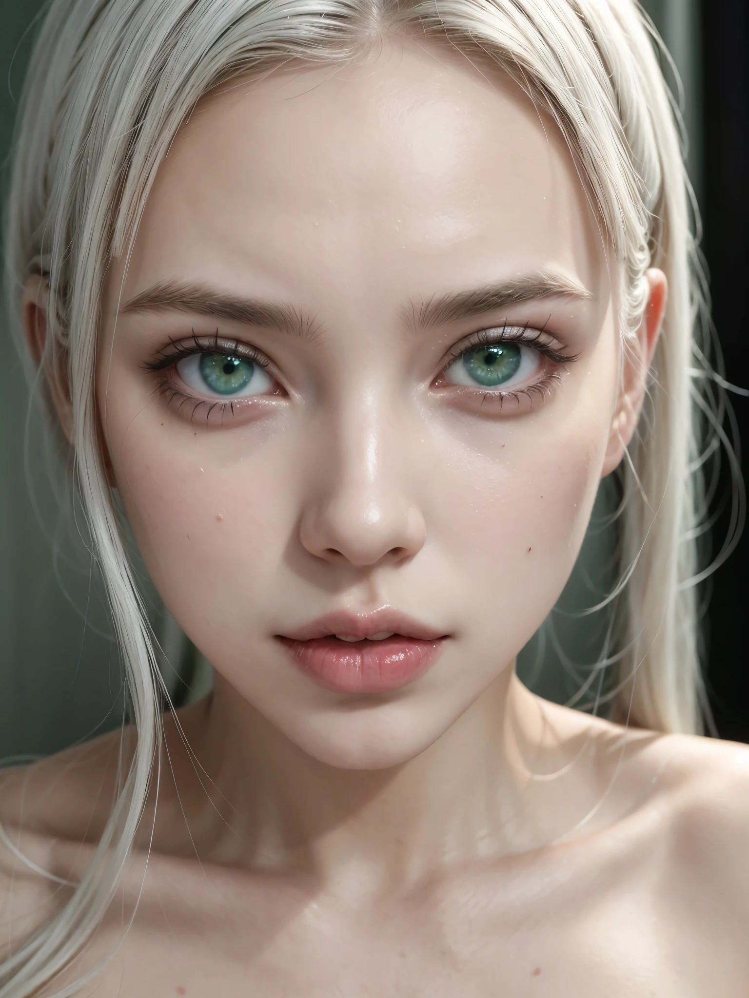 Hot girl, white hair, green eyes, salivating