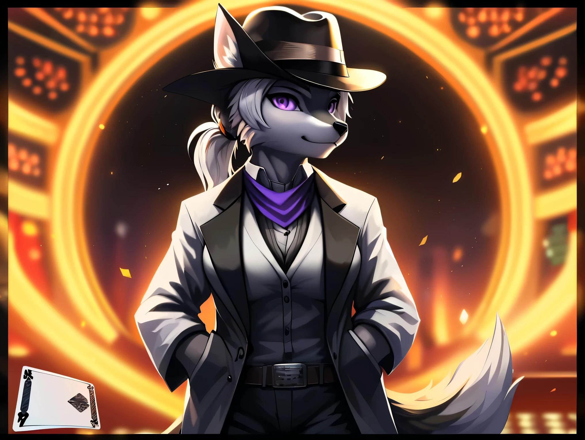 fox, female, solo, white hair, ponytail, ((grey fur)), (purple eyes), (breasts), ((white gambler clothes)), white suit, (((large cowboy hat))), (((black cowboy hat))), purple handkerchief, card background, card frame, casino background, hands in pockets, Very good figure, best quality, highres, 16k, Natural soft light, Tyndall effect, Advanced film lighting, Unreal Engine5, Extremely realistic, A high resolution, perfect masterpiece, high quality, high resolution