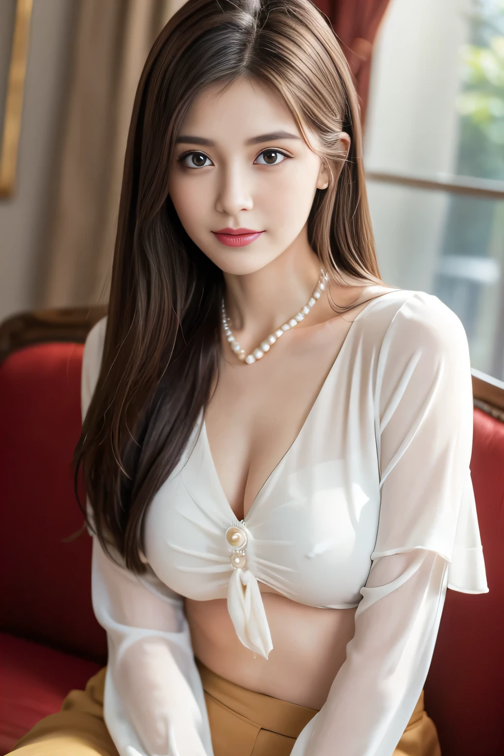 (RAW Photos), (Realistic), (masterpiece), (highest quality), High resolution, 8k, (Intricate details), (Volumetric Light), Portraiture, woman,Age 25, Medium Hair, Straight hair, Mid-chest, Layered Hair, Brown Hair, Very beautiful eyes, Source order, Very thin eyebrows, Very fine skin, Very beautiful mouth, Very nice nose, Cute like an idol, smile, (Thick lips), (Looking at the audience), (Elegant see-through pearl white blouse), Above the knee shot