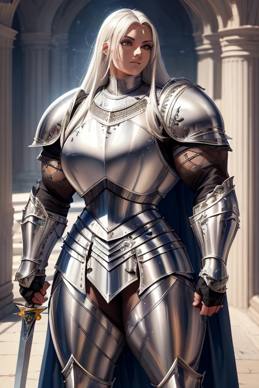 ((((Massive, tall, beautiful, buff, muscular light brown skinned female knight with white hair, black lipstick, ginormous bulky muscles, holding a sword and shield and wearing an all white gleaming knight armor with hauberk and pants)))), {close view}, black eyeliner, massive muscles, massive biceps, hyper muscle triceps, (long straight hair), blue eyes, knight boots, In a castle, hauberk, steel knight armor, armor breastplate, nighttime, confident smile, hyper muscles arms, hyper muscle legs, ginormous arms