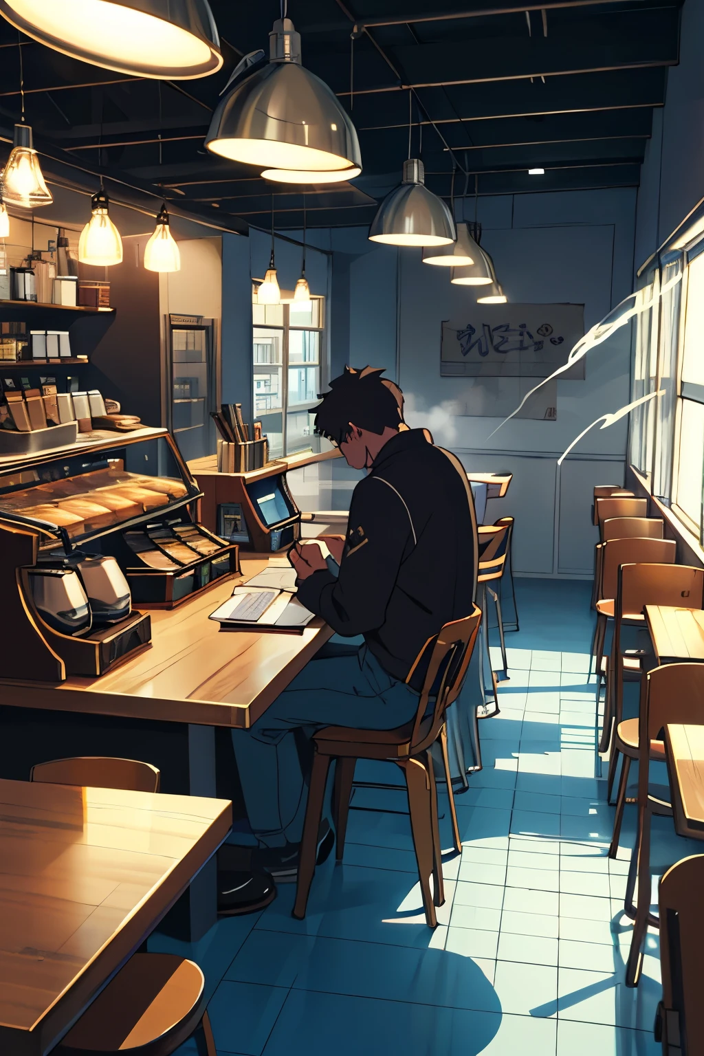 Uma cena estilo lofi anime. In the scene there is a young man with his back studying at a table in a cafe. Chove, the colors have a nice palette. O rapaz veste azul, and the coffee smoke is evident. In the scene there is a black Les Paul style electric guitar.