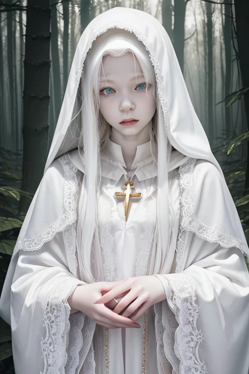 Cute 18 yo (albino:1.4)woman of Slavic descent.(short:1.1), long white hair, gray eyes, ((very pale:1.4)). Innocent look. Gentle spirit.(virgin), Hooded cloak, sheer lace gown, long sleeves, gold cross necklace.(joy),(love), Mystical forest.