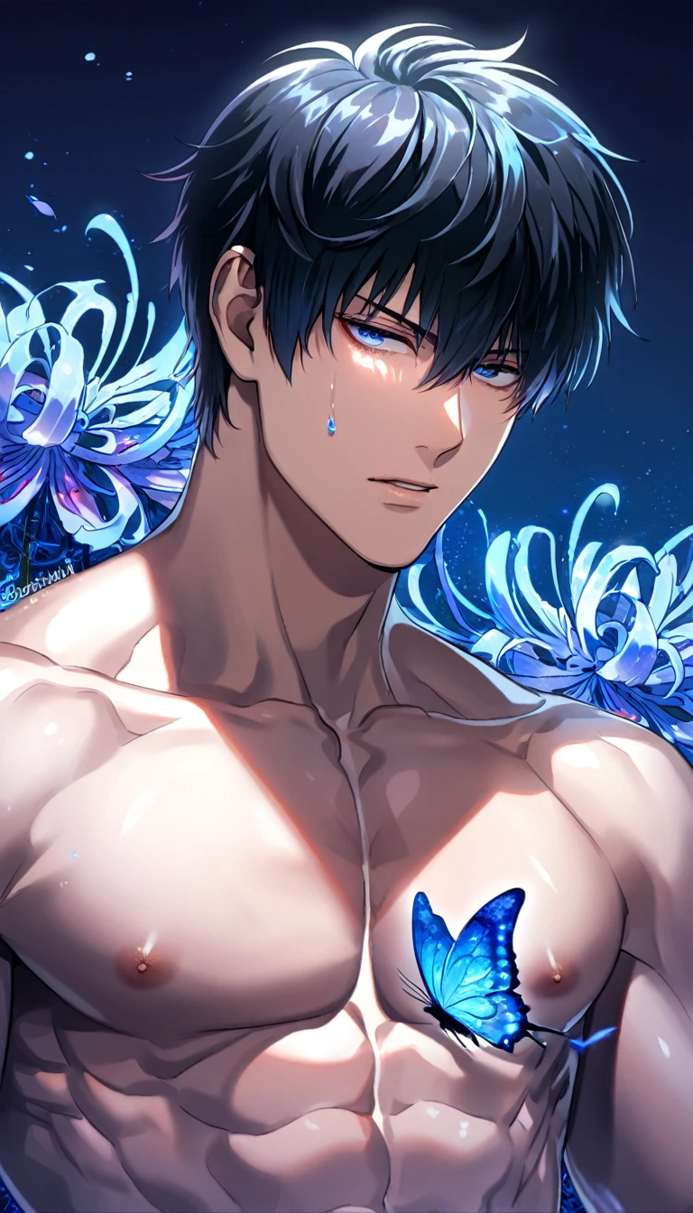 absurdres, highres, ultra detailed, HDR, master piece, best quality, delicated features, Hijikata Toshiro, black hair, expressive dark blue eyes, Gintama, solo, sexy man, handsome, toned chest, black clothes, patterns, magical, fantasy, blue background, blue spider lilies, shining, blue petals, blue glittering butterflies, blue water