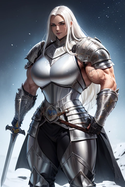 ((((Massive, tall, beautiful, buff, muscular light brown skinned female knight with white hair, black lipstick, ginormous bulky muscles, holding a sword and shield and wearing an all white gleaming knight armor with hauberk and pants)))), {close view}, black eyeliner, massive muscles, massive biceps, hyper muscle triceps, (long straight hair), blue eyes, knight boots, In a castle, hauberk, steel knight armor, armor breastplate, nighttime, confident smile, hyper muscles arms, hyper muscle legs, ginormous arms