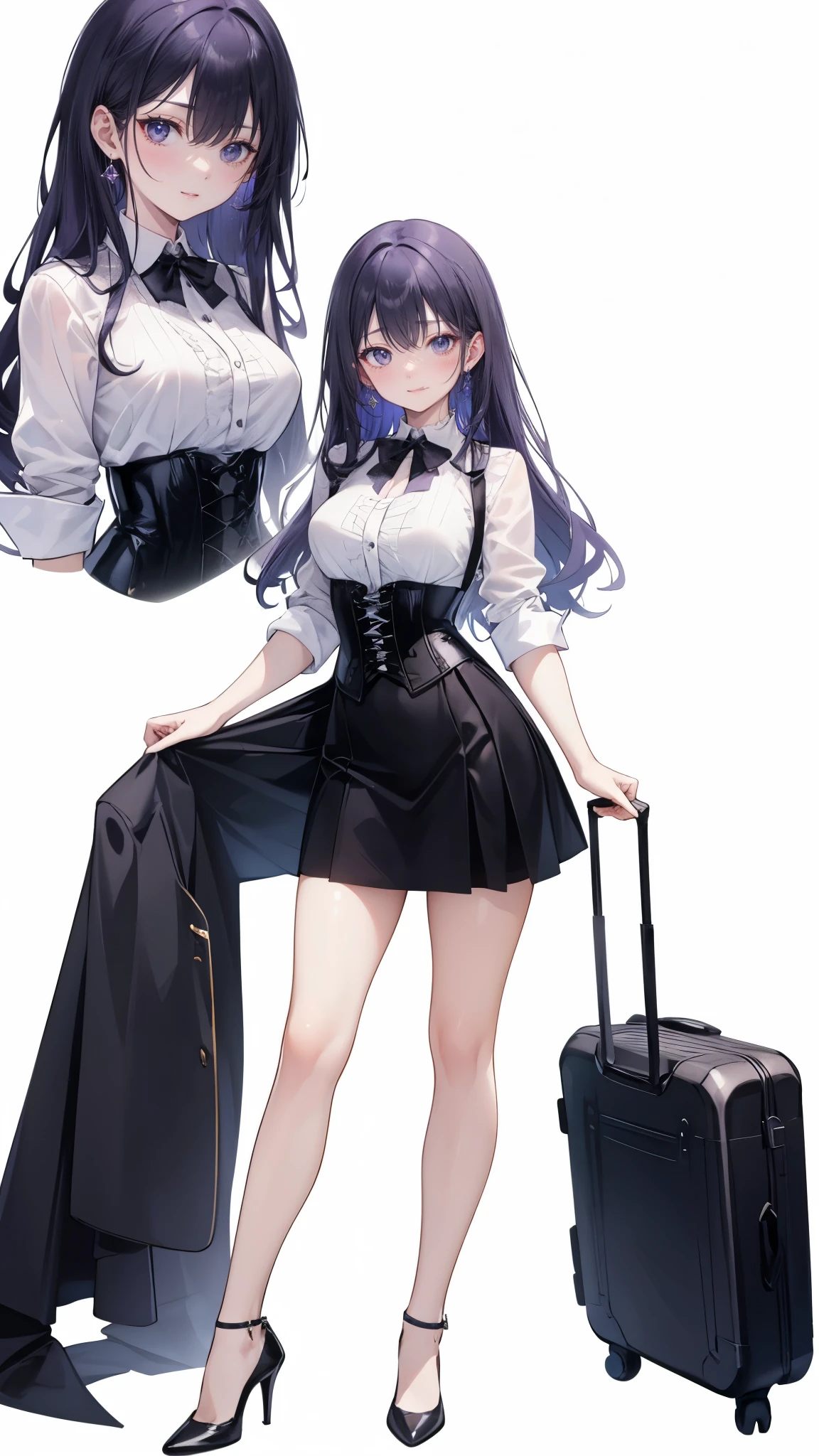 Purple Hair,long hair,Adult female,(suit),White Y-shirt,((Rolling up his sleeves)),(corset),(Black tight skirt),(High heels),Heels are visible,((Simple white background)),smile,((whole body)),((full body)),Character Sheet,