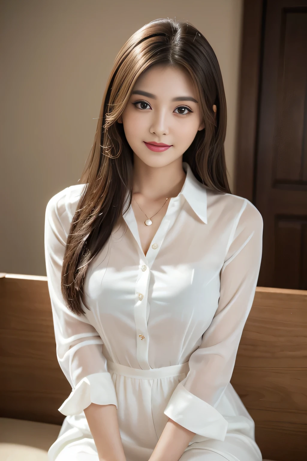 (RAW Photos), (Realistic), (masterpiece), (highest quality), High resolution, 8k, (Intricate details), (Volumetric Light), Portraiture, woman,Age 25, Medium Hair, Straight hair, Mid-chest, Layered Hair, Brown Hair, Very beautiful eyes, Source order, Very thin eyebrows, Very fine skin, Very beautiful mouth, Very nice nose, Cute like an idol, smile, (Thick lips), (Looking at the audience), (See-through pearl white collared dress shirt), Above the knee shot